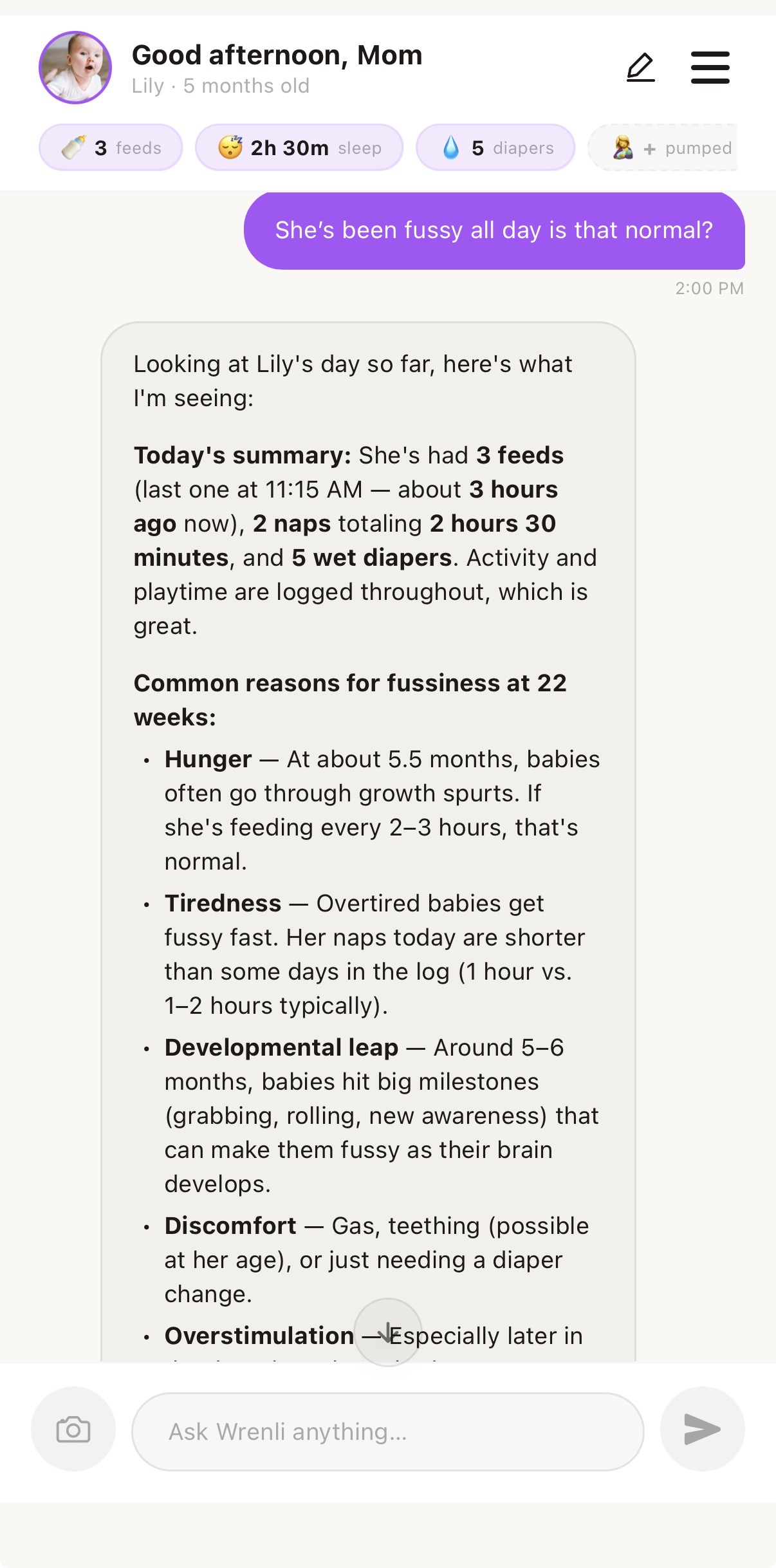 Real Wrenli AI conversation — personalized fussiness advice based on baby's logs