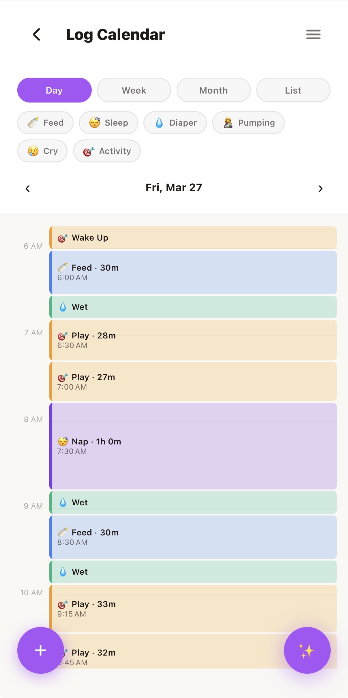 Wrenli log calendar showing color-coded daily timeline