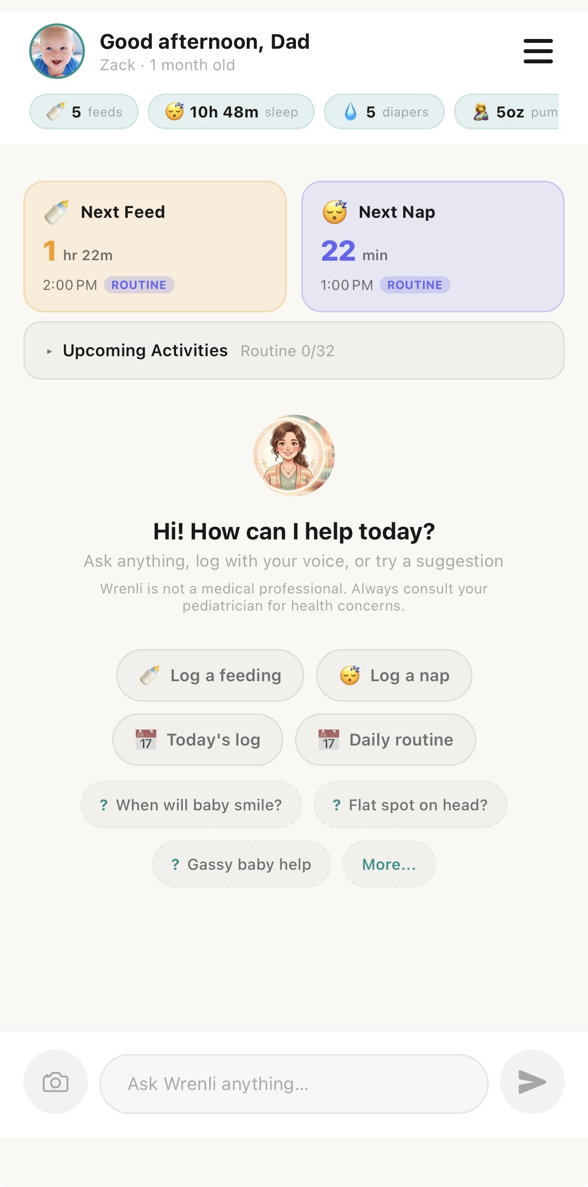 Wrenli home dashboard with quick log buttons and AI chat