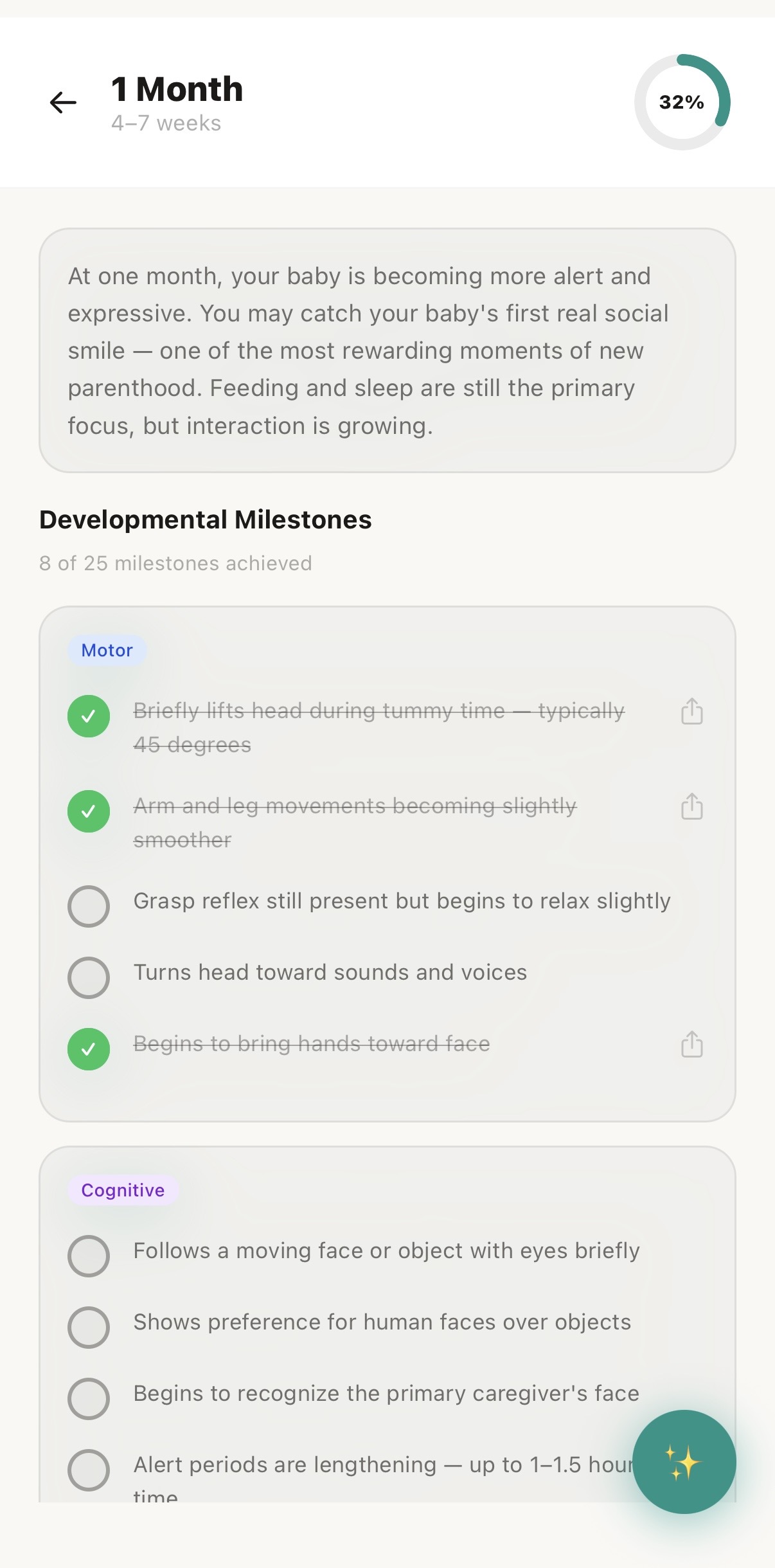 Wrenli developmental milestones tracker with progress ring