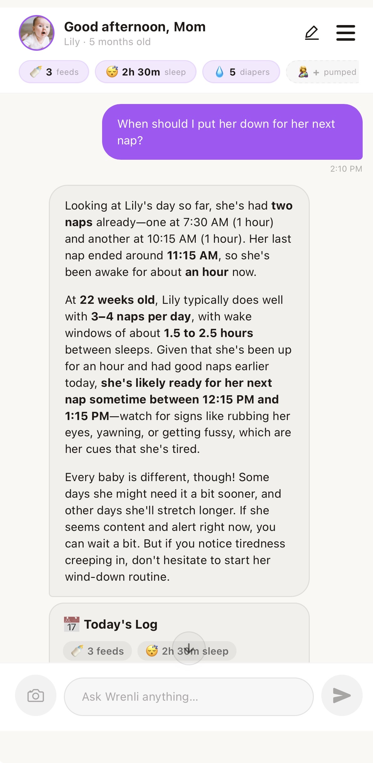 Wrenli AI predicting next nap time based on baby's actual sleep data