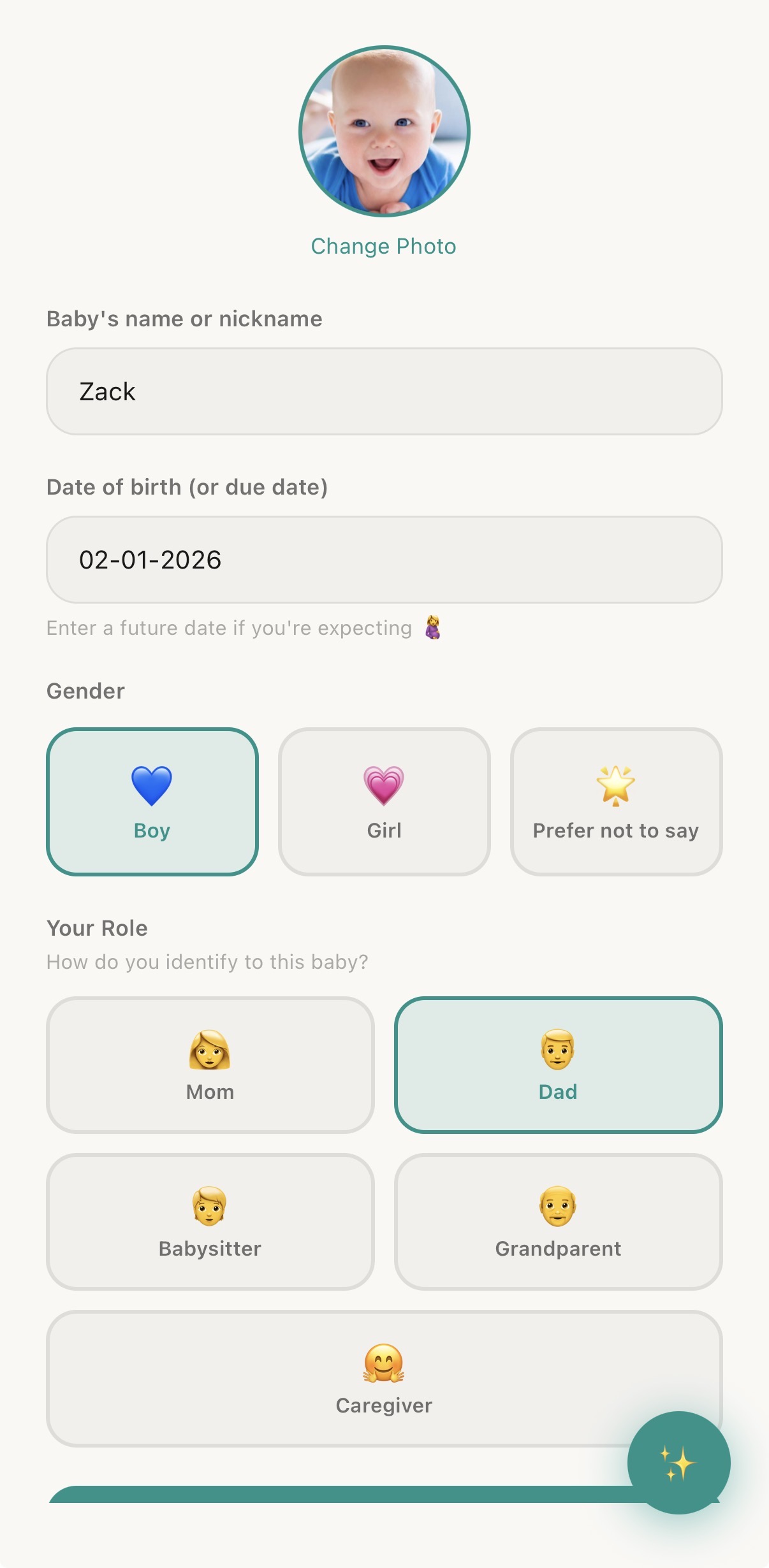 Wrenli profile creation — add baby name, birthday, and gender